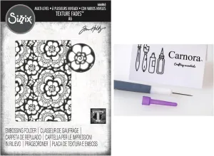 Tim Holtz Sizzix Texture Fades Vault Lace Embossing Folder, Size A6, March 2025 Release, Carnora Die Gadget