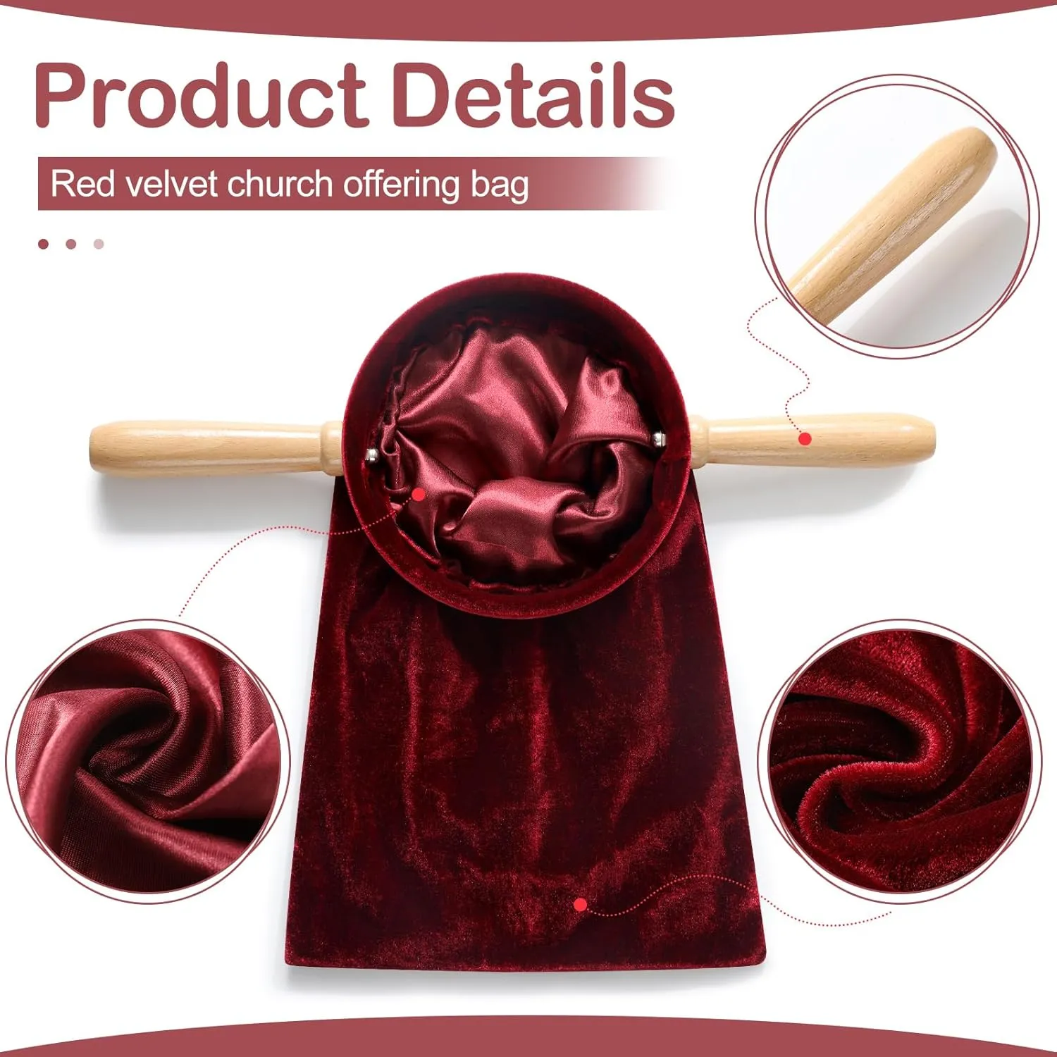 Tioncy Set of 2 Church Tithe Offering Bags with Wooden Handles Church Collection Bag with Handles for Churches Communion Supplies (Red,13.78 x 5.71 Inch)