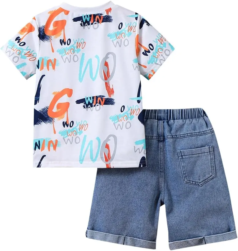 Toddler Boy Shorts Sets -Letter Graphic Print Short Sleeve T Shirt Top and Denim Shorts Suits -Boy Summer Outfits