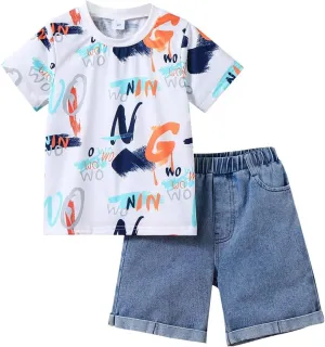 Toddler Boy Shorts Sets -Letter Graphic Print Short Sleeve T Shirt Top and Denim Shorts Suits -Boy Summer Outfits