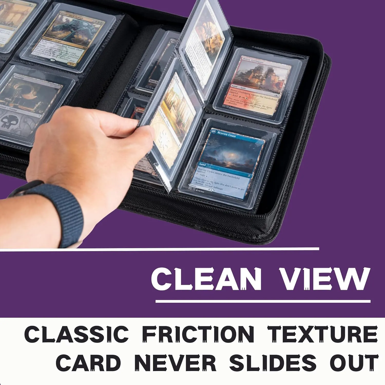 Toploader Binder, Holds 112  Toploaders, 4 Pocket Top Loader Card Storage Case, Double-Sided Pockets for trading card in 3 x 4'' Toploaders (Pueple)
