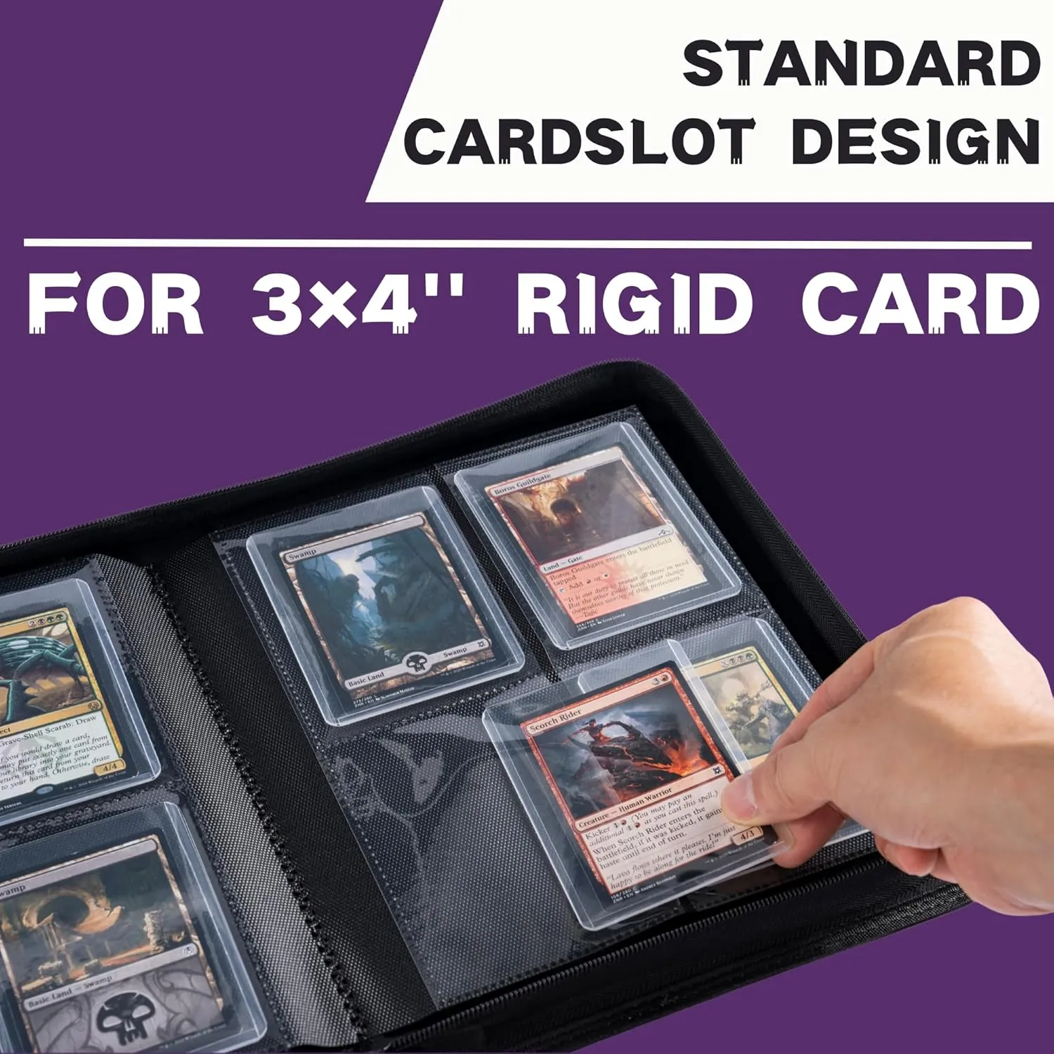 Toploader Binder, Holds 112  Toploaders, 4 Pocket Top Loader Card Storage Case, Double-Sided Pockets for trading card in 3 x 4'' Toploaders (Pueple)