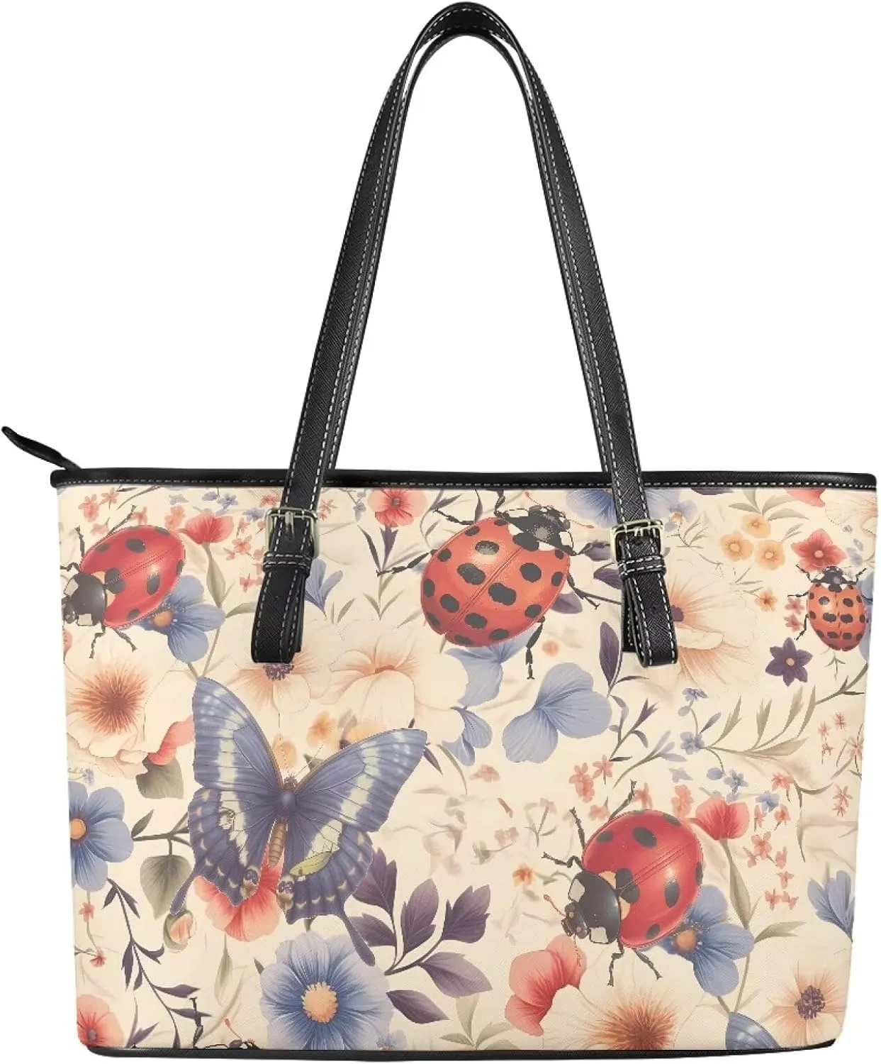Tote Bag for Women Painting Flowers Zipper Hobo Bag, Bohemia Art Faux Leather Shoulder Briefcase Work Tote Purse