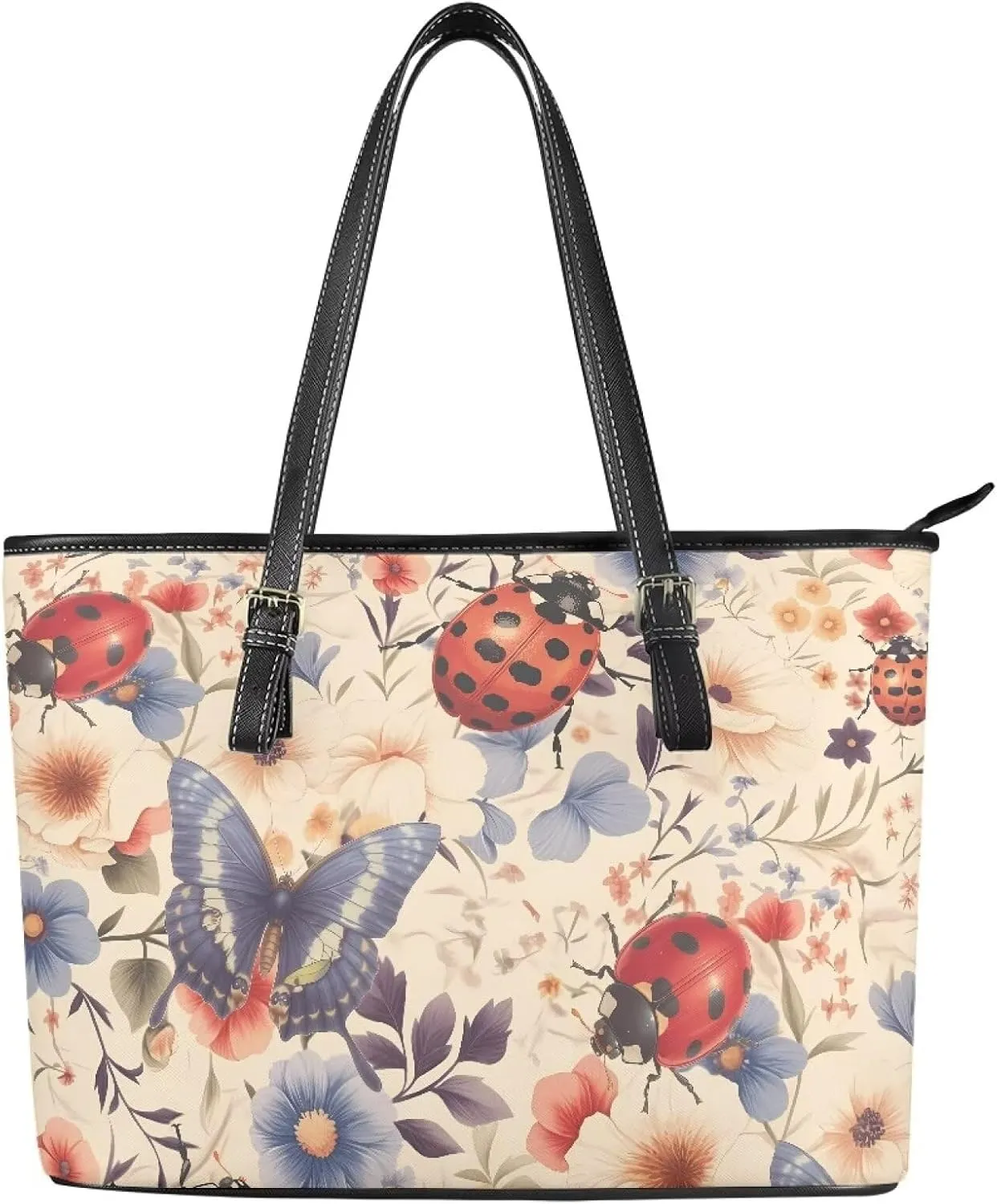 Tote Bag for Women Painting Flowers Zipper Hobo Bag, Bohemia Art Faux Leather Shoulder Briefcase Work Tote Purse