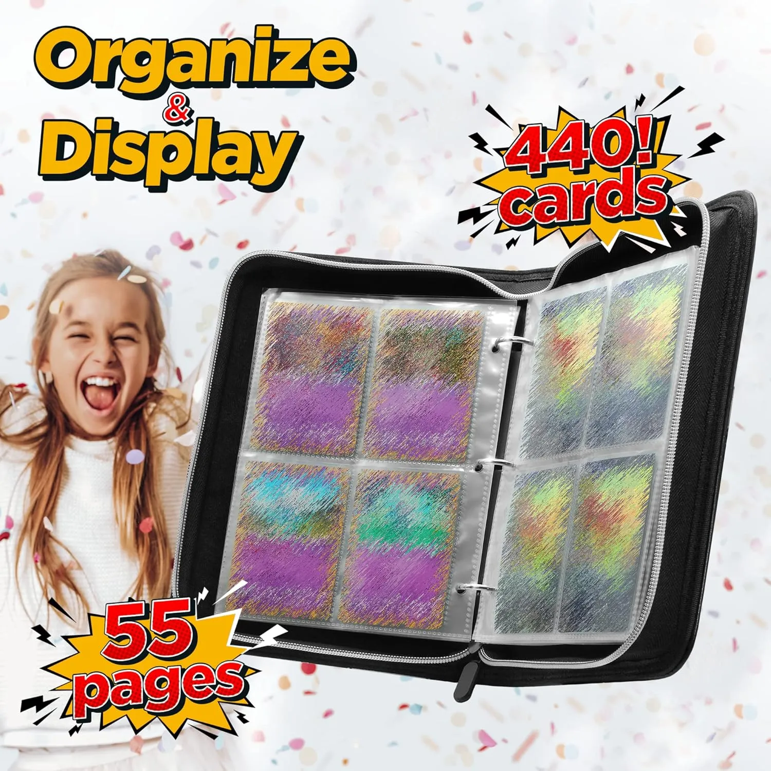 Trading Card Binder, 4 Pockets Card Holder, 55 Double Sided Removable Pages, 440 Card Sleeves, Toploader Binder, Portable Album Holder, Storage Box for Trading Cards