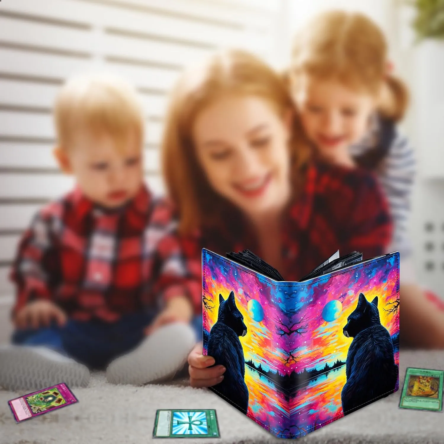 Trading Card Binder 9 Pocket Trading Cards Album Display Holder, 540 Cards Double Sided Pockets Card Holder Binder Sleeves Card Case for Standard Size Cards,Colorful Galaxy Moon Cat