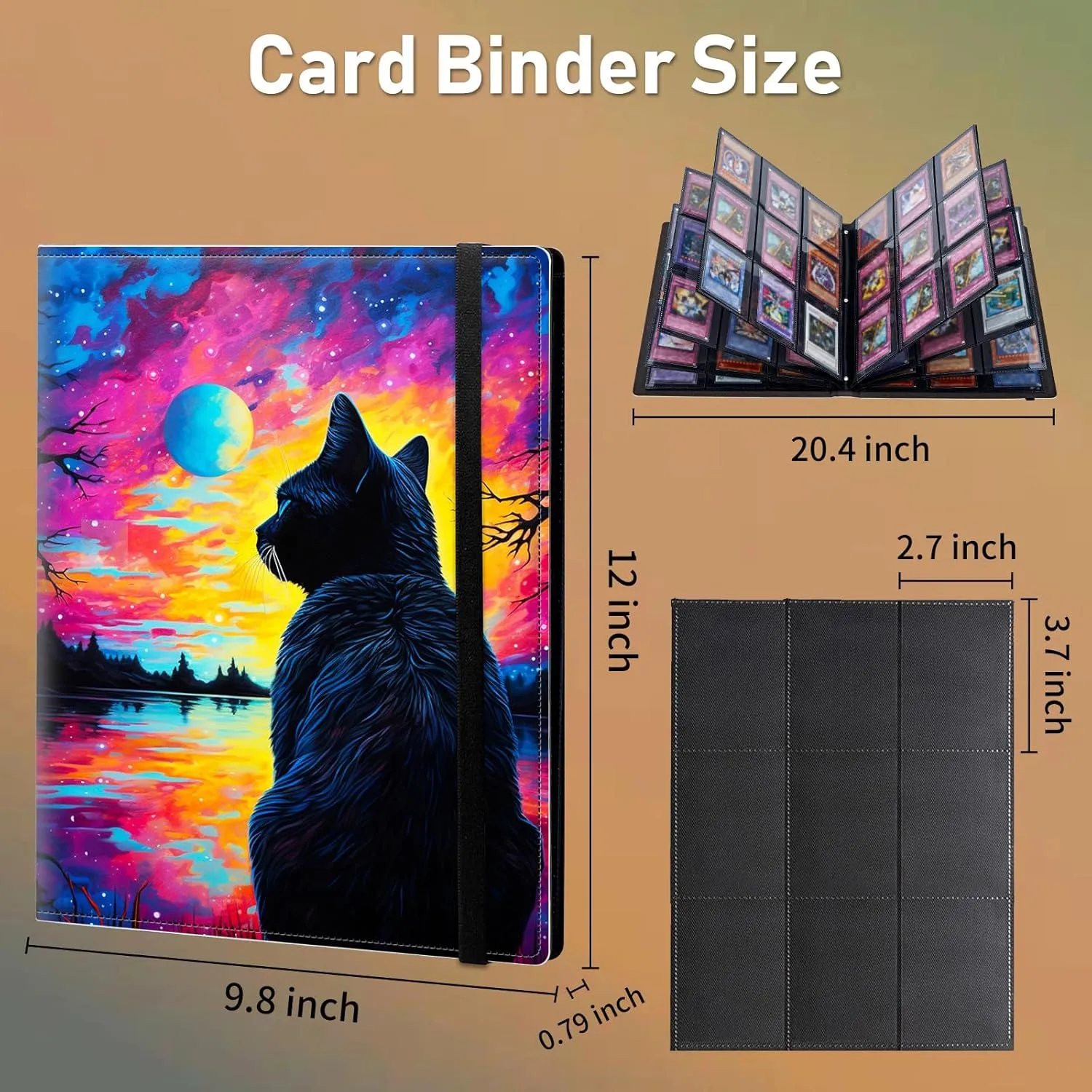 Trading Card Binder 9 Pocket Trading Cards Album Display Holder, 540 Cards Double Sided Pockets Card Holder Binder Sleeves Card Case for Standard Size Cards,Colorful Galaxy Moon Cat