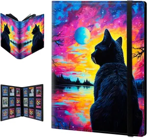Trading Card Binder 9 Pocket Trading Cards Album Display Holder, 540 Cards Double Sided Pockets Card Holder Binder Sleeves Card Case for Standard Size Cards,Colorful Galaxy Moon Cat
