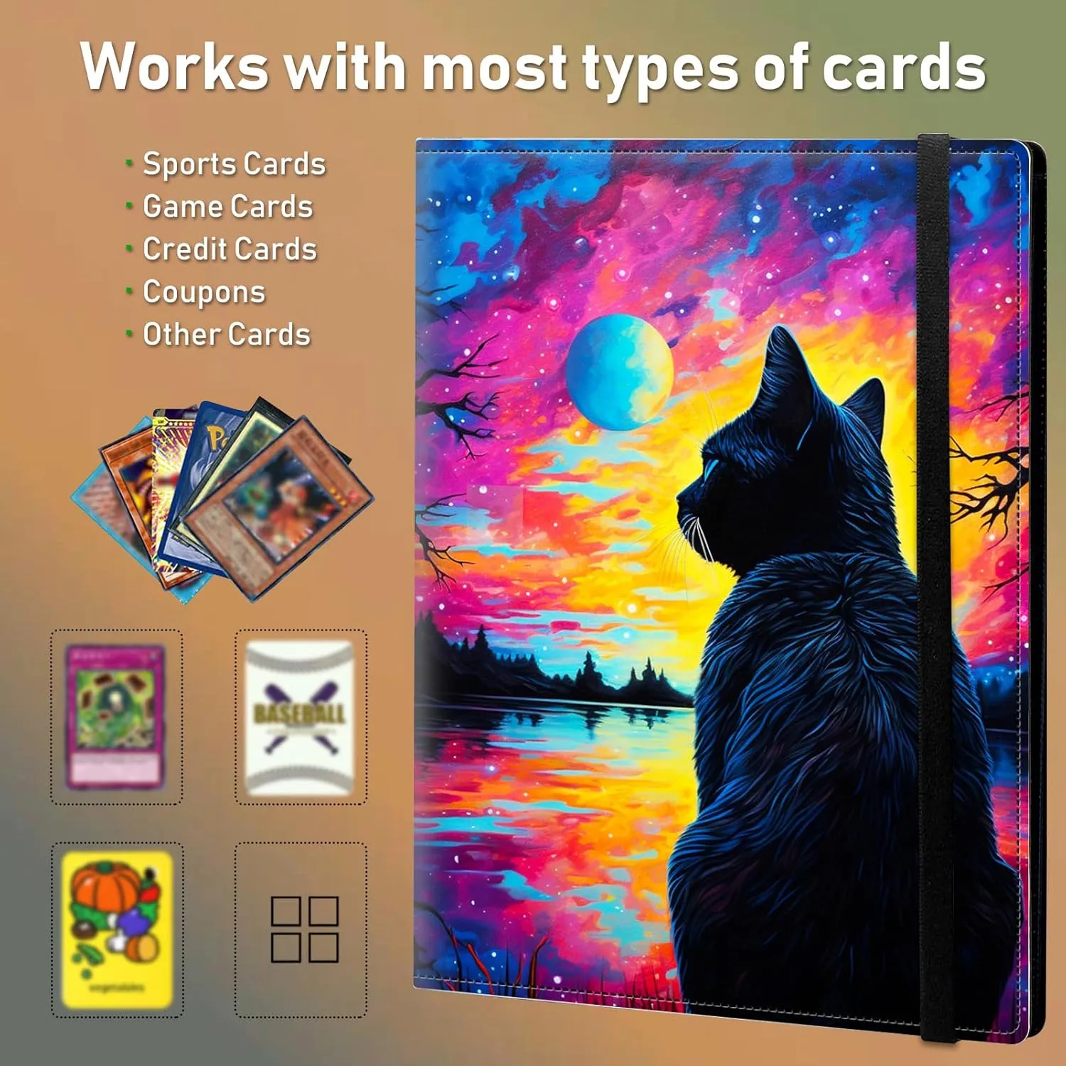 Trading Card Binder 9 Pocket Trading Cards Album Display Holder, 540 Cards Double Sided Pockets Card Holder Binder Sleeves Card Case for Standard Size Cards,Colorful Galaxy Moon Cat