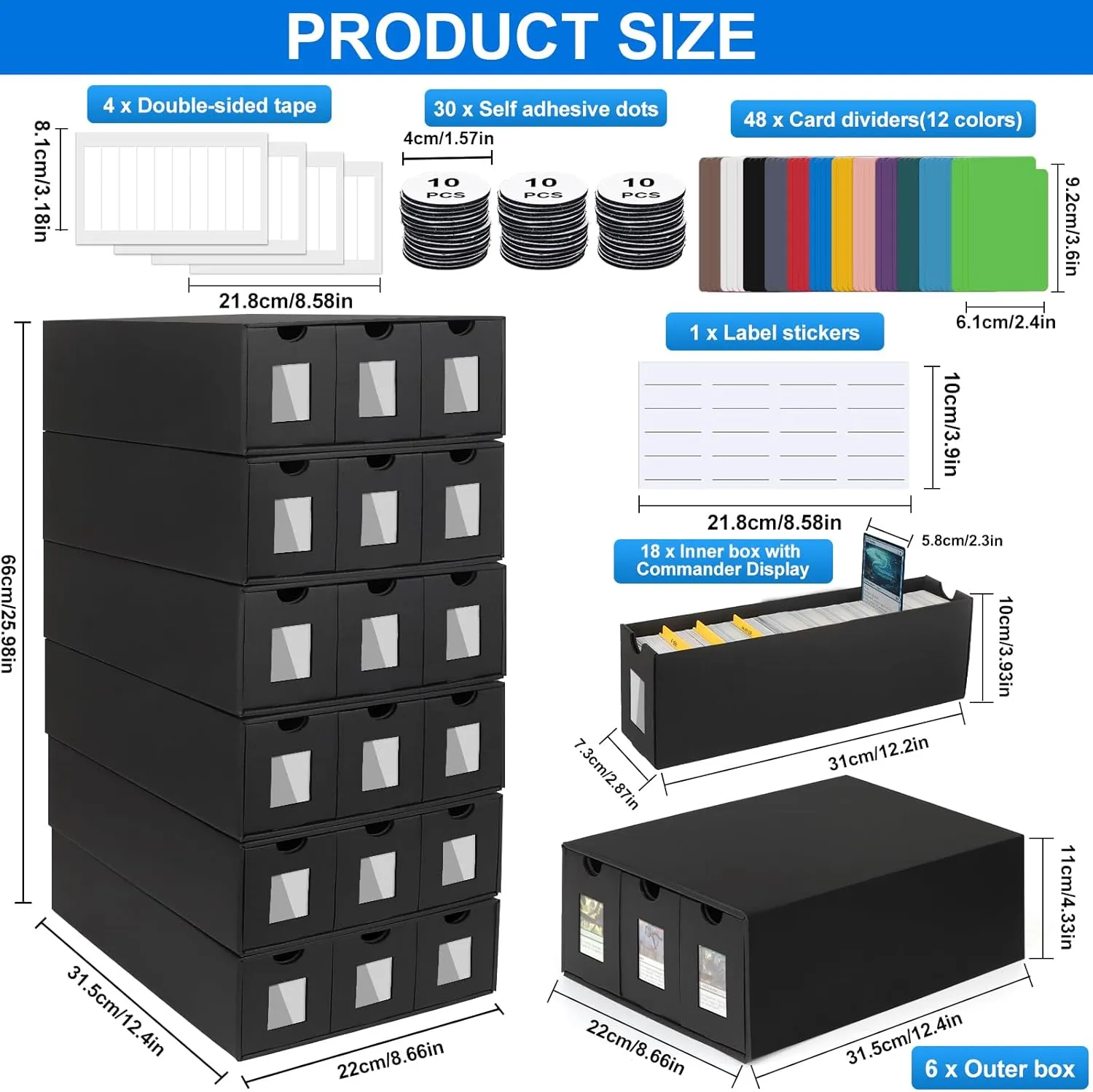 Trading Card Storage Box, 18000  Cards Deck Box for MTG Commander, Trading Cards Organizer with 48 Card Dividers, Labels & Tapes, Visible Card Deck Boxes for MTG TCG PTCG Sport Cards