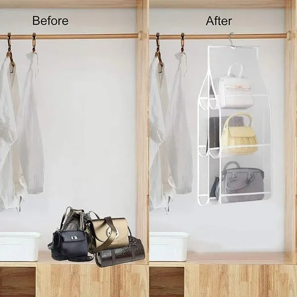 Transparent 6 Pocket Foldable Handbag Organizer, Cover Dustproof Wardrobe Storage Purse Organizer Hanging