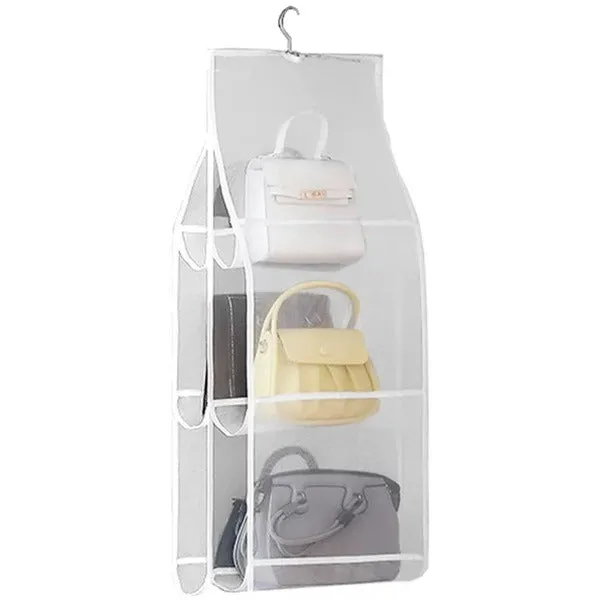 Transparent 6 Pocket Foldable Handbag Organizer, Cover Dustproof Wardrobe Storage Purse Organizer Hanging