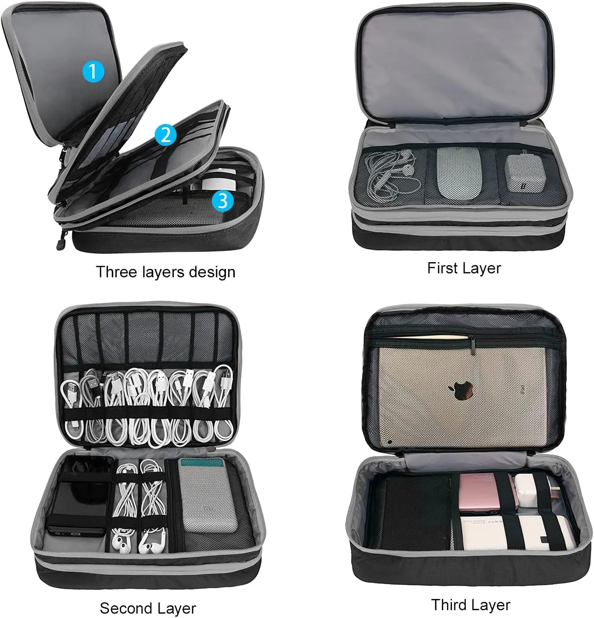 Travel Cable Organizer Bag, 3 Layer X-Large Capacity Electronics Accessories Cord Storage Case Bag for Cables, SD Card,Chargers, Power Bank, Cellphone,Tablet
