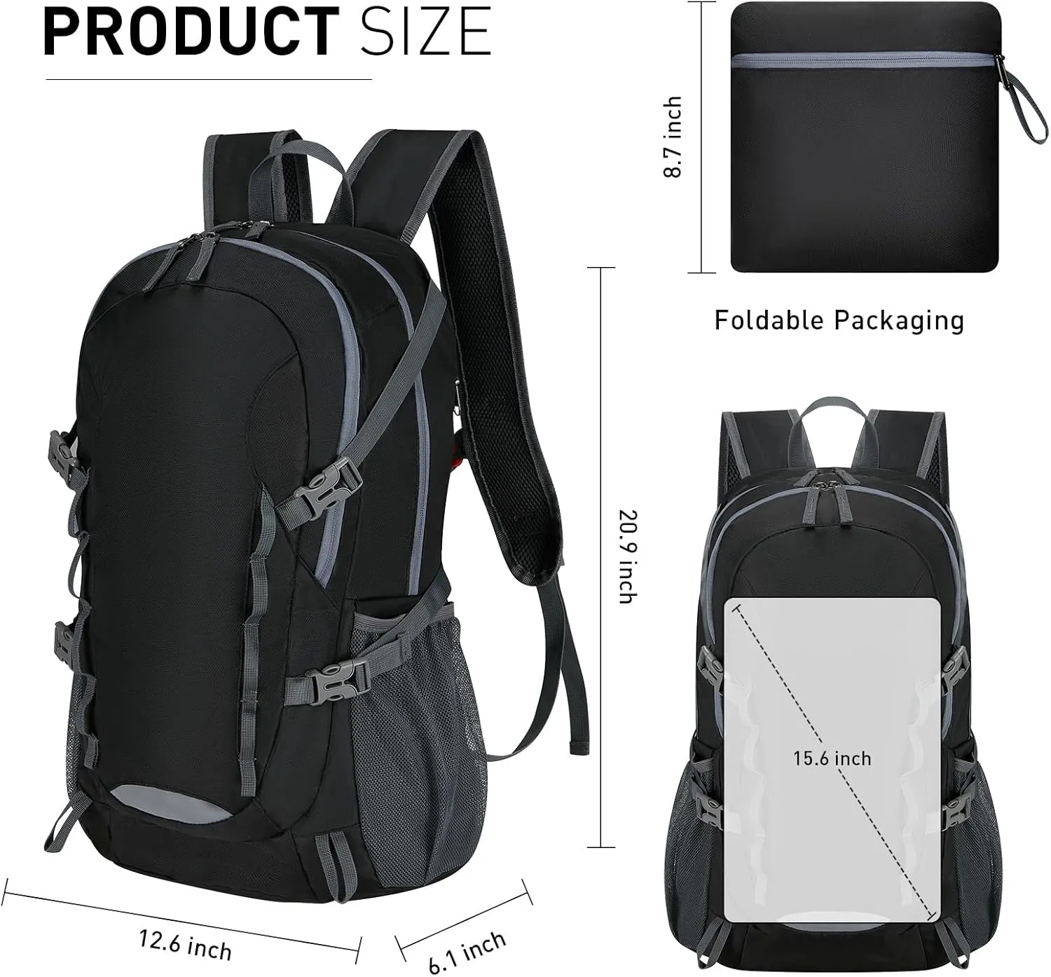 Travel Hiking Backpack 40L Ultra Lightweight Camping Packable for Men Women Water Resistant Portable Daypack（Black）