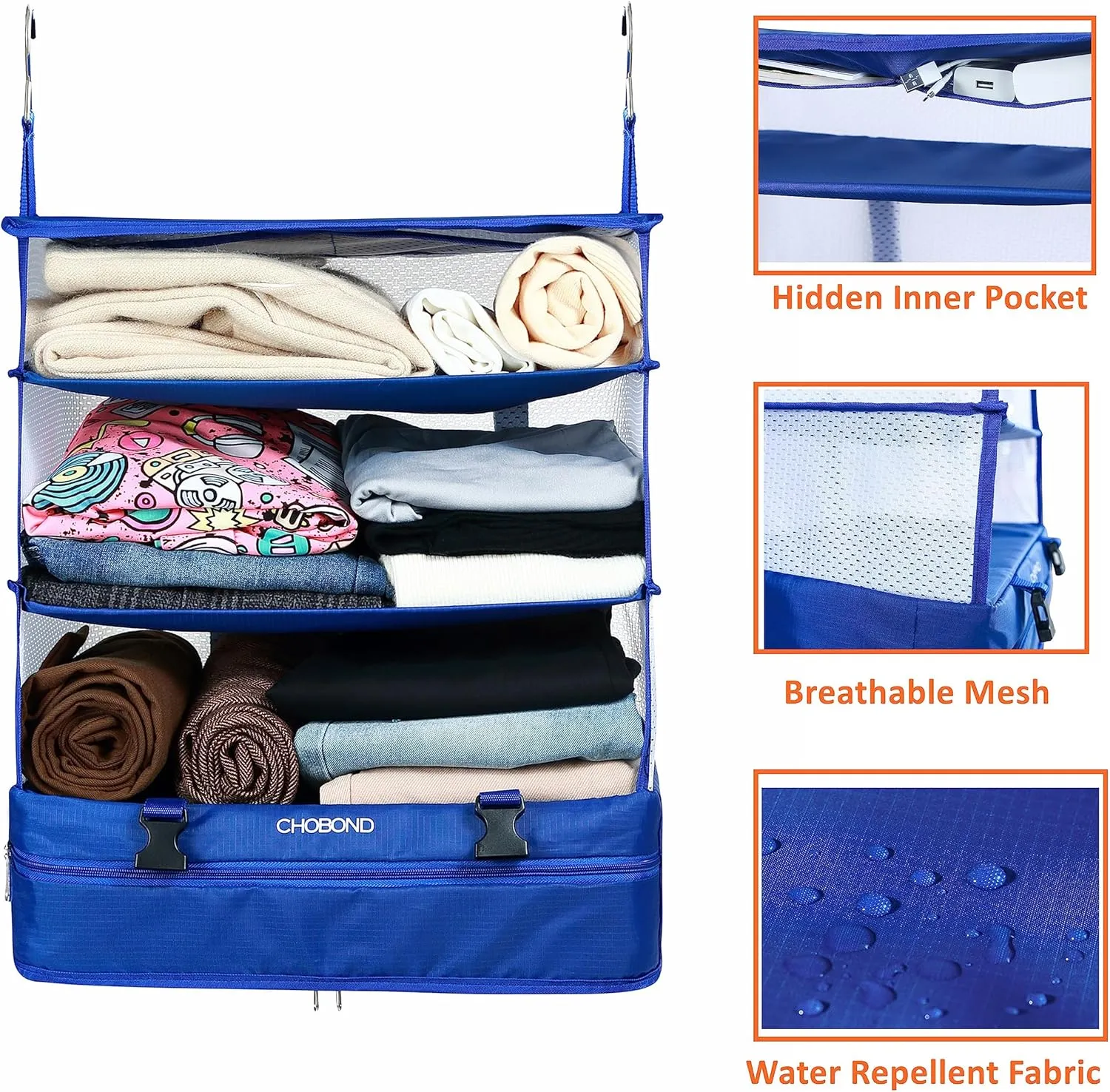 Travel Luggage Organizer Portable Hanging Travel Shelves Bag Multiple Compartments Packing Cube Organizer for Carry on Closet Suitcase Gray