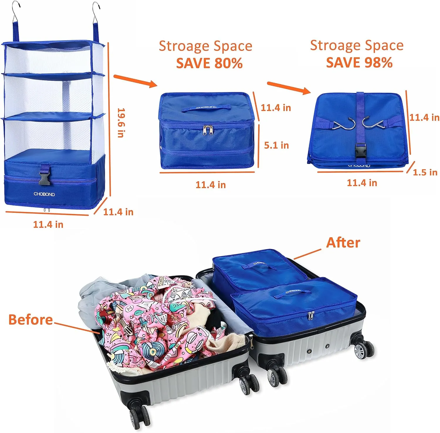 Travel Luggage Organizer Portable Hanging Travel Shelves Bag Multiple Compartments Packing Cube Organizer for Carry on Closet Suitcase Gray