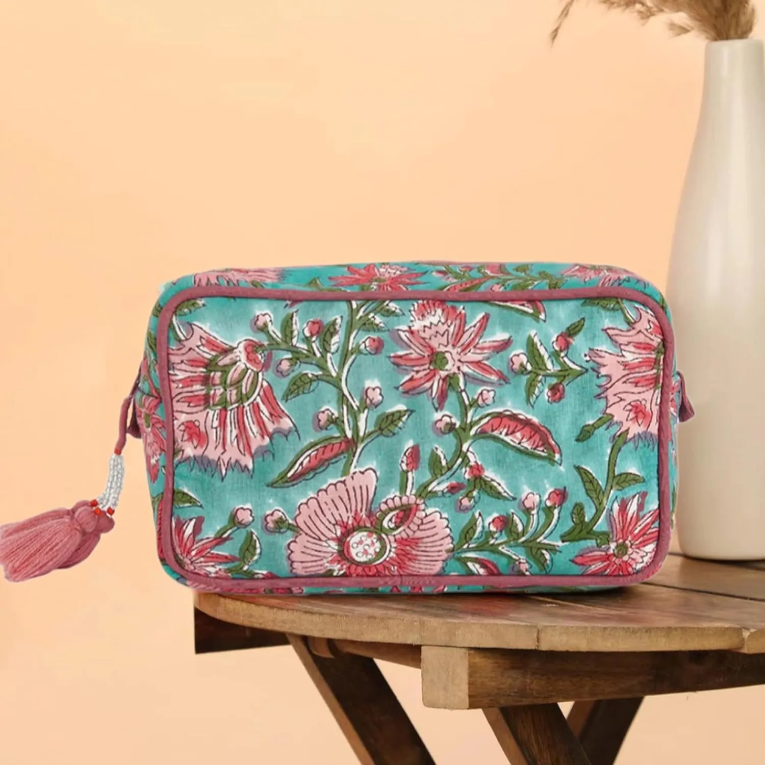 Travel Makeup Bag- Large Capacity Cosmetic Bags for Women - Water Resistance Lining Portable Pouch & Open Toiletry Bag - Perfect Girls Makeup Organizer for Travel Essentials (Green & Pink Floral)