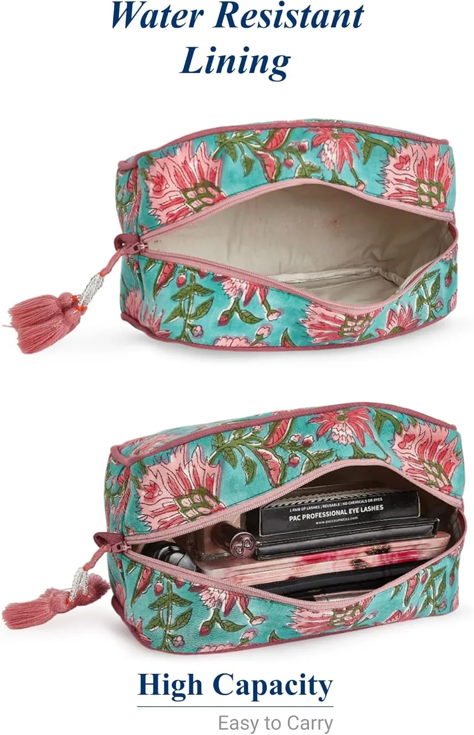 Travel Makeup Bag- Large Capacity Cosmetic Bags for Women - Water Resistance Lining Portable Pouch & Open Toiletry Bag - Perfect Girls Makeup Organizer for Travel Essentials (Green & Pink Floral)