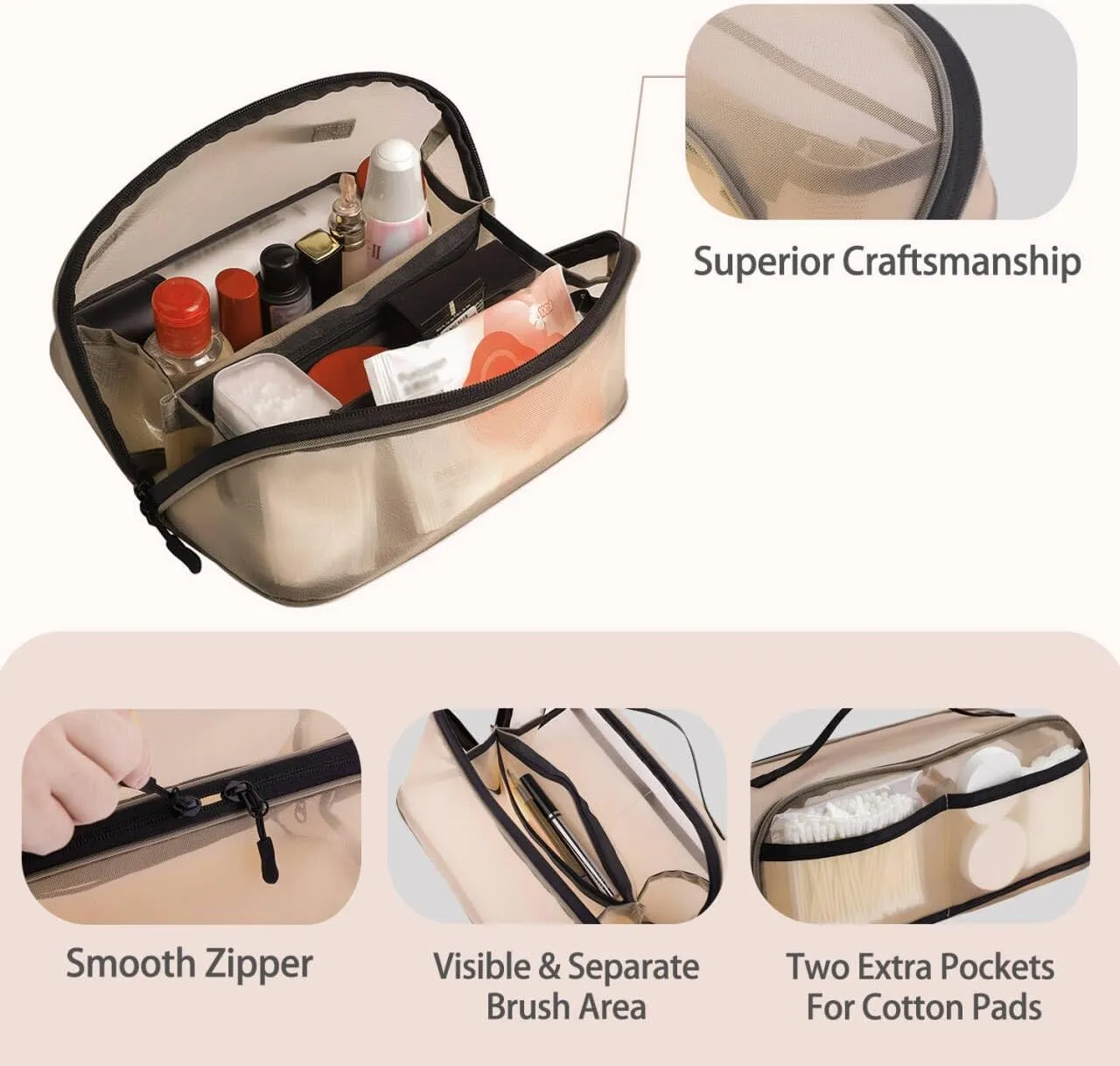 Travel Makeup Bag,Large Capacity Cosmetic Bags for Women,Toiletry Bag Make up Organizer with Divider and Handle (Beige)