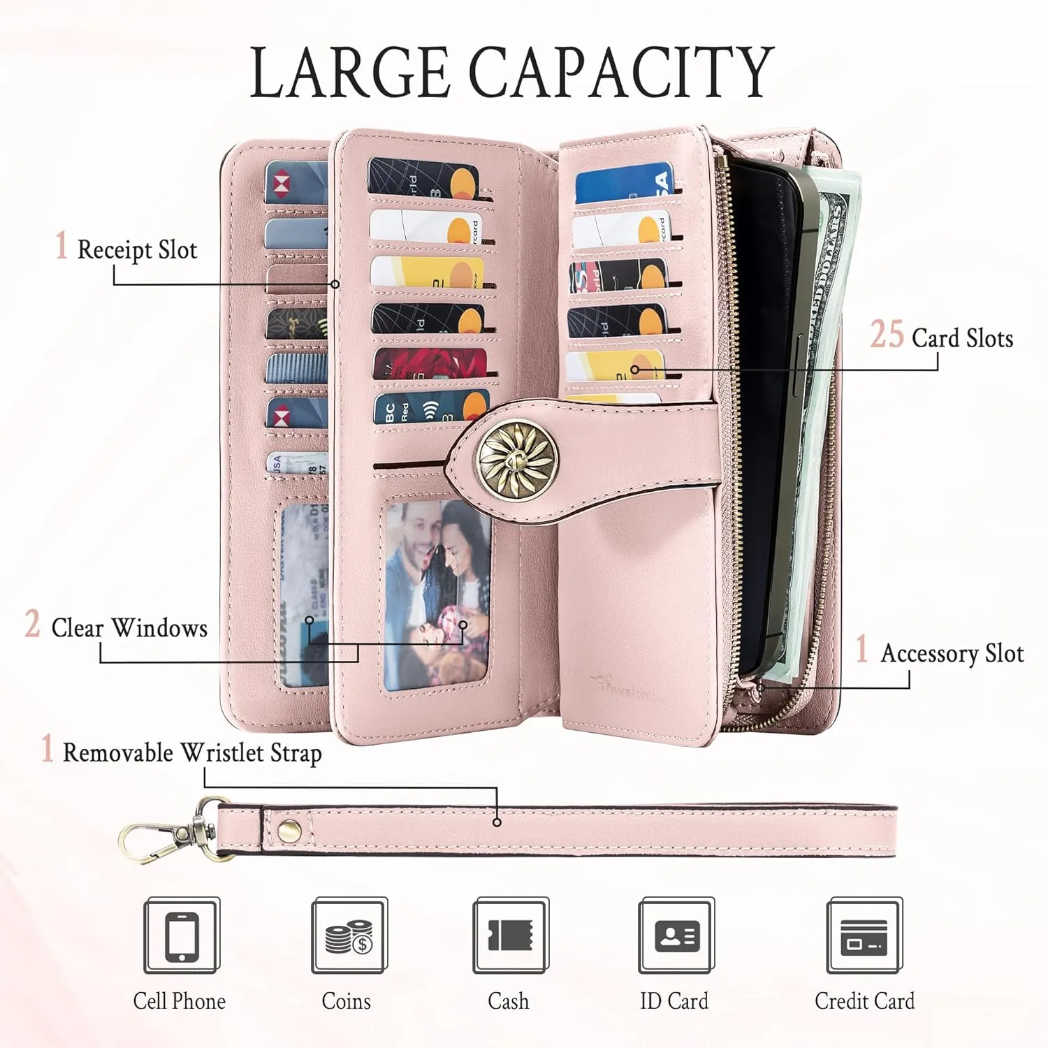 Travelambo Women's Wallet RFID Blocking Credit Card Holder Large Capacity Wristlet Leather Wallets Purse