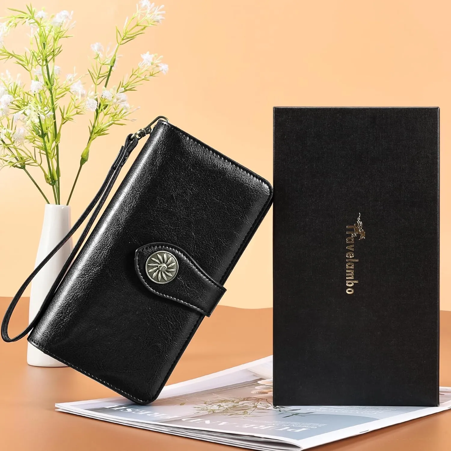 Travelambo Women's Wallet RFID Blocking Credit Card Holder Large Capacity Wristlet Leather Wallets Purse