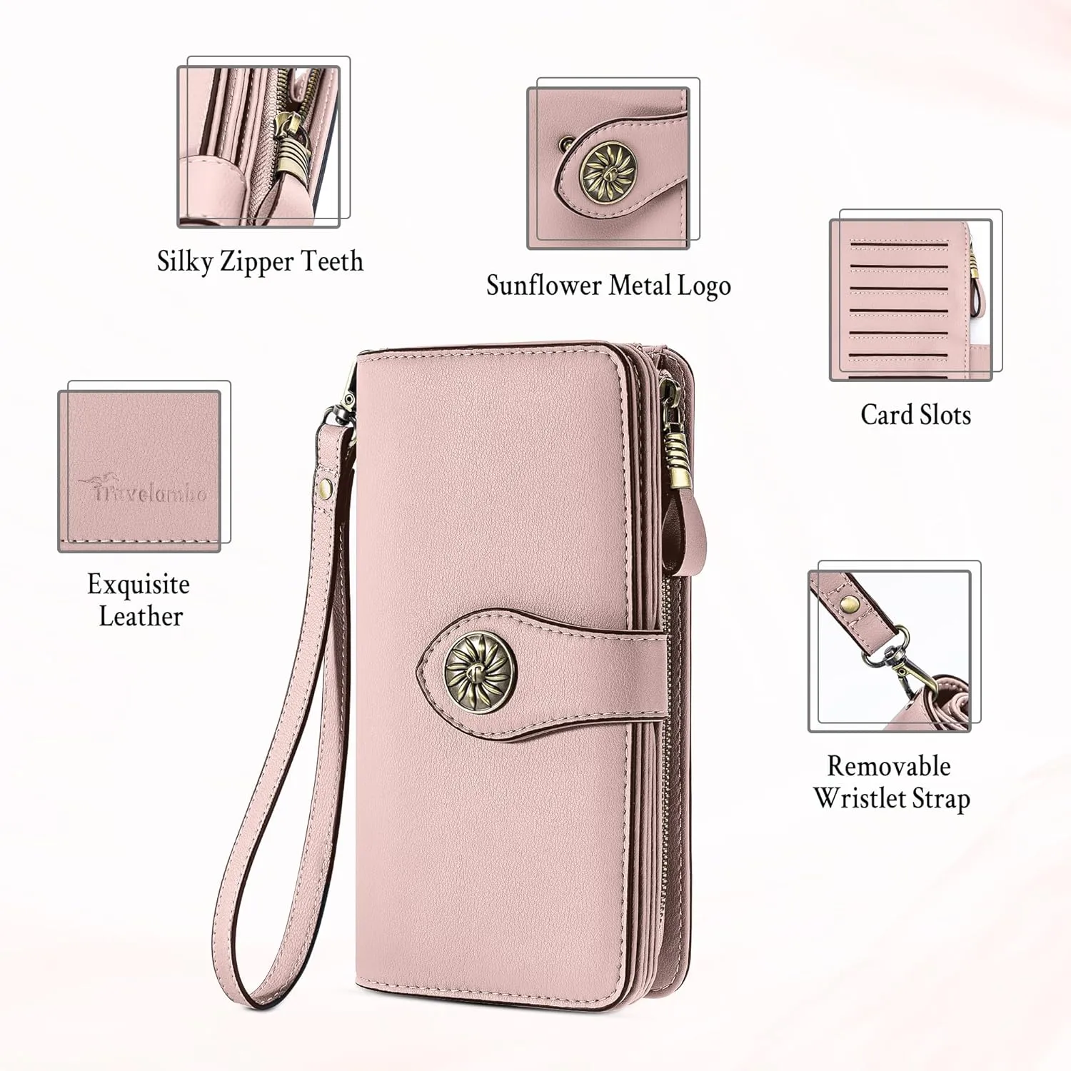 Travelambo Women's Wallet RFID Blocking Credit Card Holder Large Capacity Wristlet Leather Wallets Purse