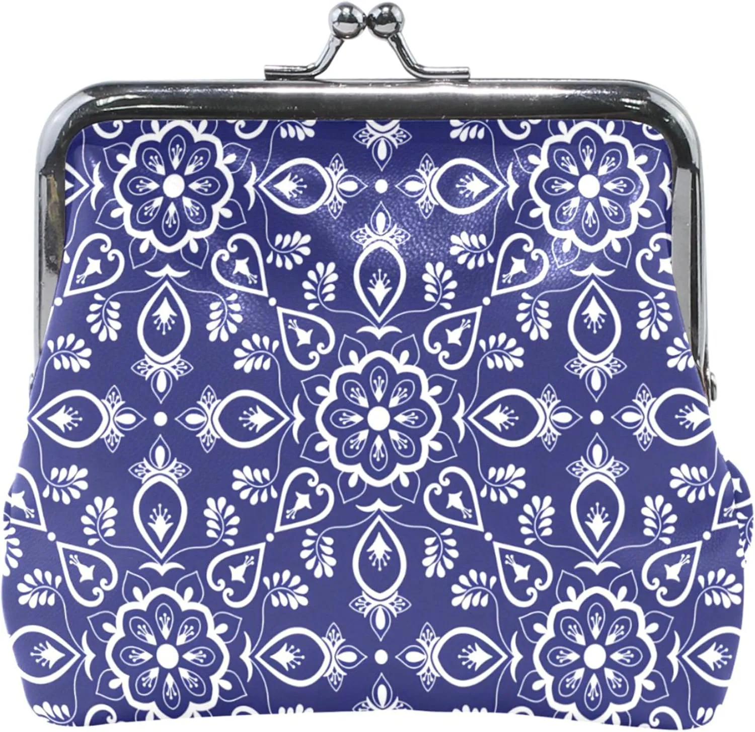 Trendy Geometric Navy Women Cute Coin Purse Leather Buckle Kiss Lock Small Pouch Coin Wallet