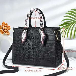 Trendy Structured Croc Pattern Faux Leather Handbag
