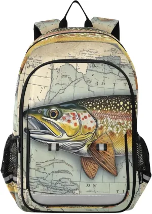 Trout World Map Backpack for Women Men Travel Laptop Daypack Shoulder Bag Book Bag Daypack with Reflective Strip 12.9” × 17.7”