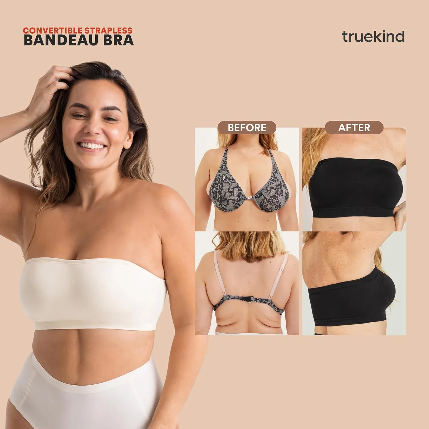 Truekind Wireless Strapless Bra, Bandeau Bra, Small to Plus Size Strapless Bras for Women, Tube Top