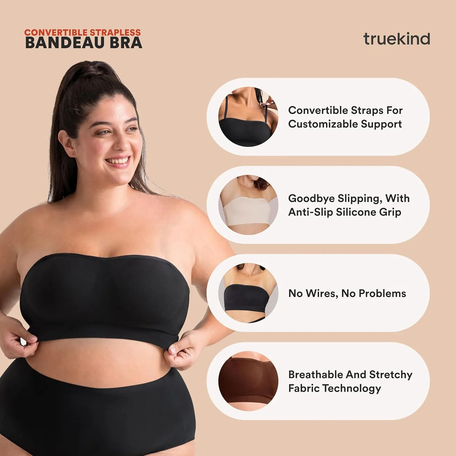 Truekind Wireless Strapless Bra, Bandeau Bra, Small to Plus Size Strapless Bras for Women, Tube Top
