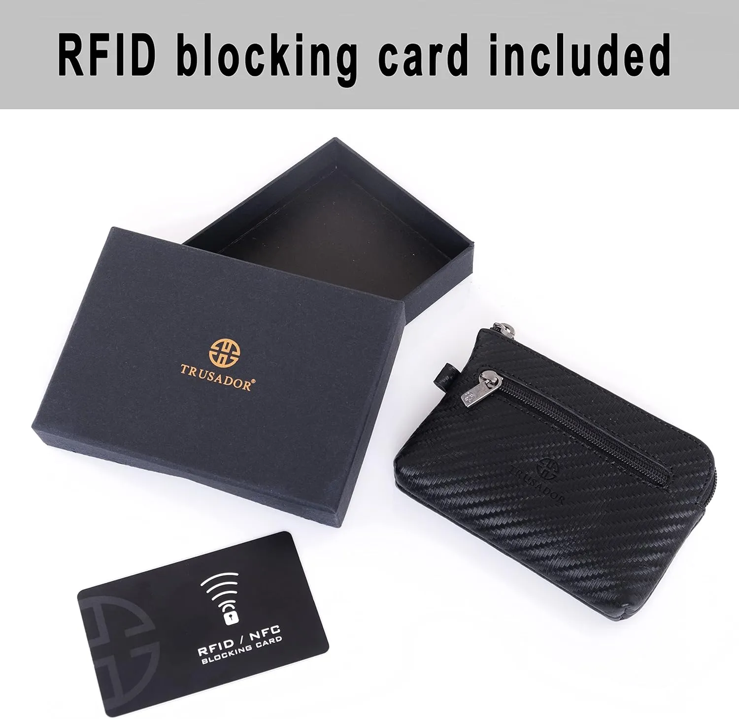 Trusador Milano Women Men Leather Coin Card Key Ring Wallet Pouch Purse Zipper Change Bag (Carbon)
