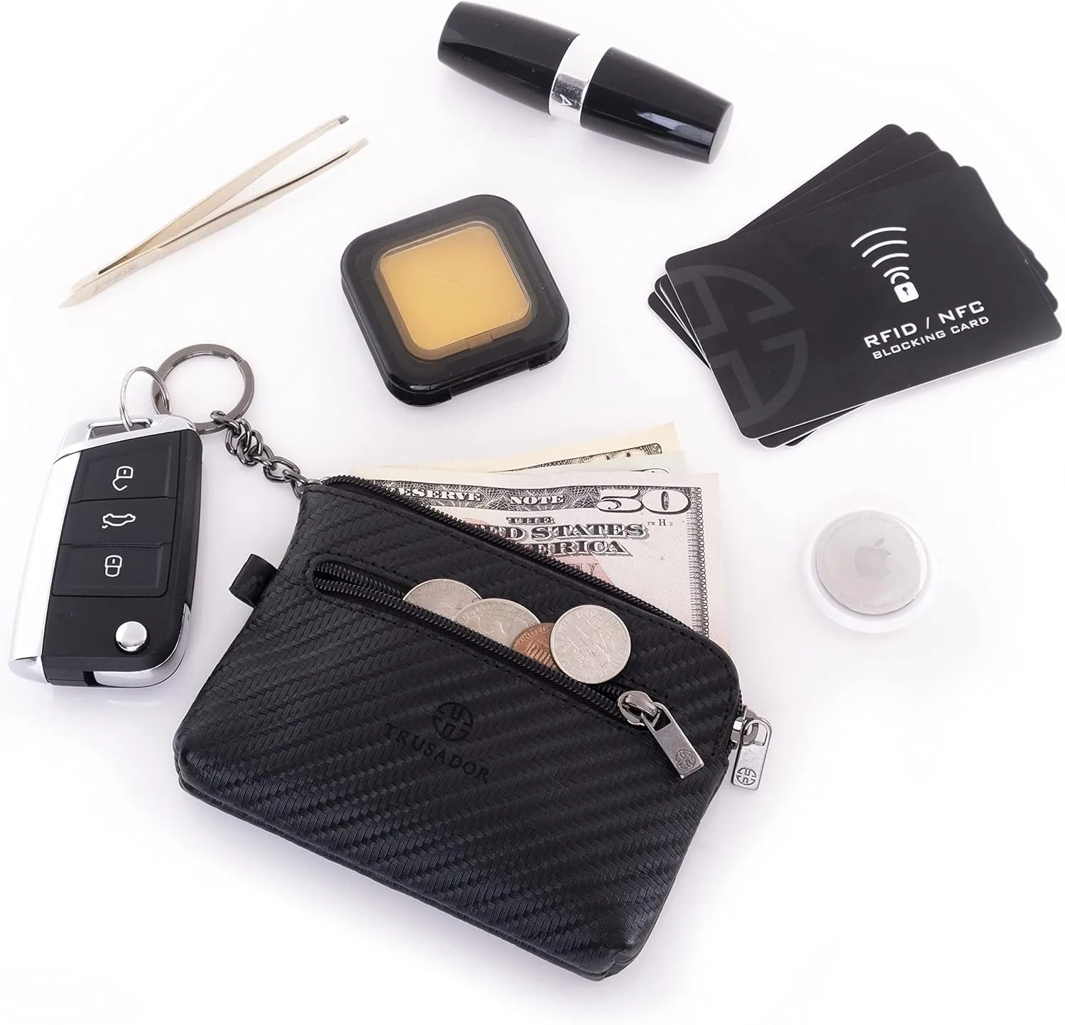 Trusador Milano Women Men Leather Coin Card Key Ring Wallet Pouch Purse Zipper Change Bag (Carbon)