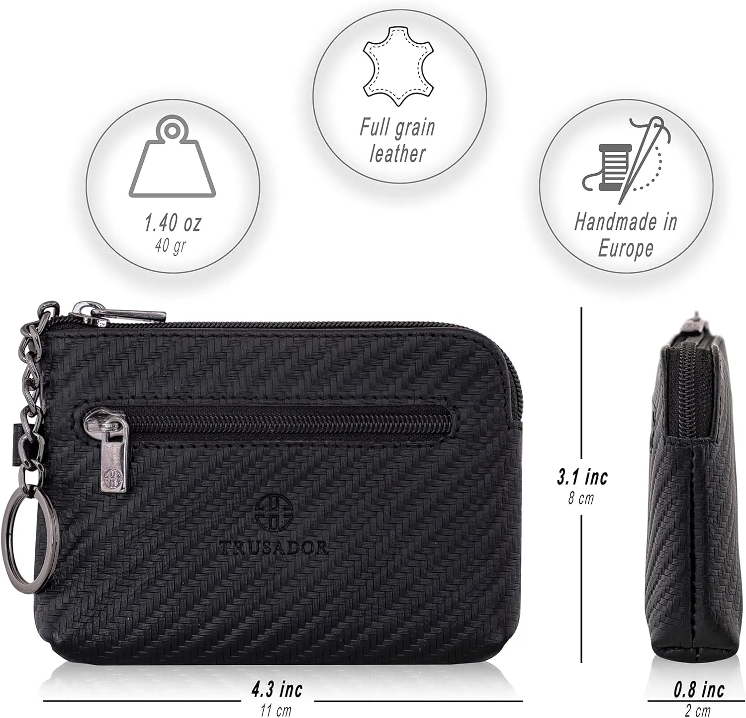 Trusador Milano Women Men Leather Coin Card Key Ring Wallet Pouch Purse Zipper Change Bag (Carbon)