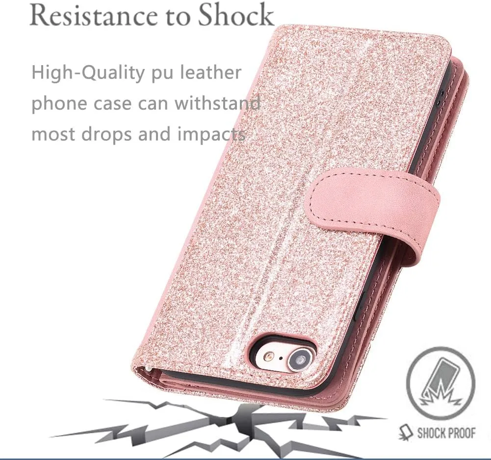 UEEBAI Wallet Case for iPhone SE 2022 5G/iPhone 7/iPhone 8/iPhone SE 2020, Retro 9 Card Slots Zipper Pocket Handbag Case PU Leather Magnetic Cover Wrist Strap Flip Case for iPhone SE3/SE2-Rose Gold