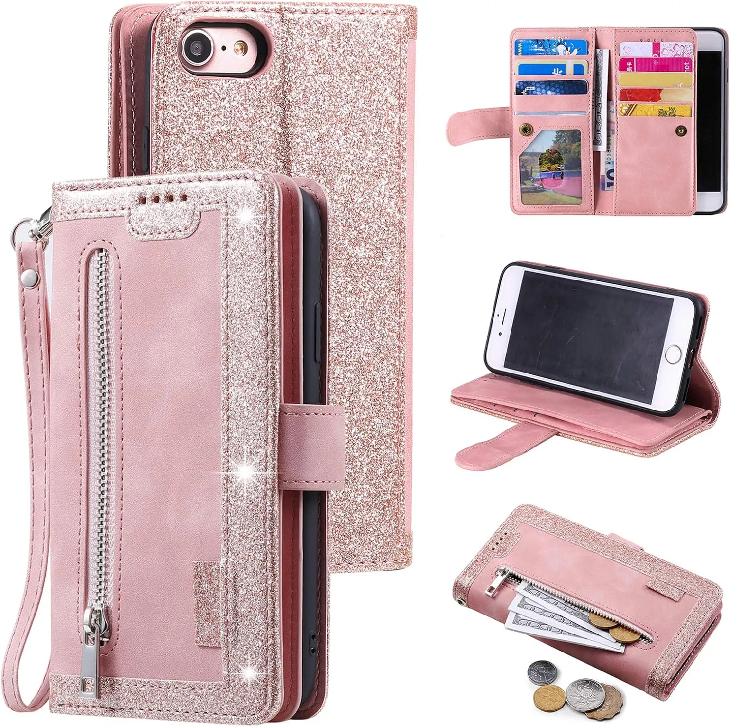 UEEBAI Wallet Case for iPhone SE 2022 5G/iPhone 7/iPhone 8/iPhone SE 2020, Retro 9 Card Slots Zipper Pocket Handbag Case PU Leather Magnetic Cover Wrist Strap Flip Case for iPhone SE3/SE2-Rose Gold