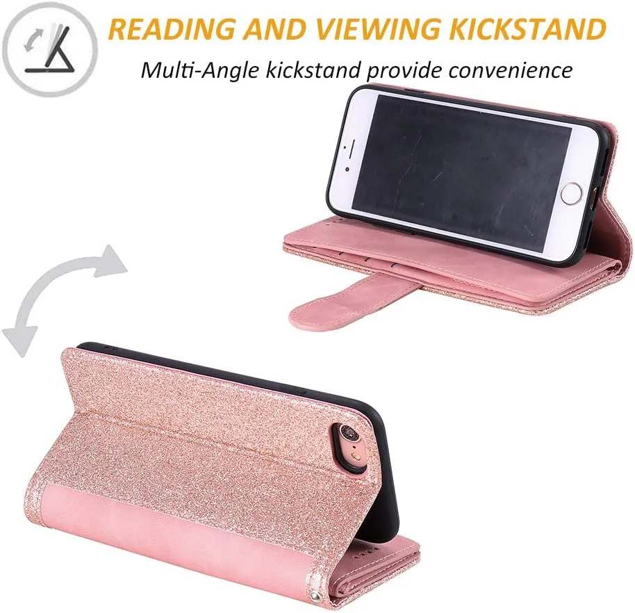 UEEBAI Wallet Case for iPhone SE 2022 5G/iPhone 7/iPhone 8/iPhone SE 2020, Retro 9 Card Slots Zipper Pocket Handbag Case PU Leather Magnetic Cover Wrist Strap Flip Case for iPhone SE3/SE2-Rose Gold