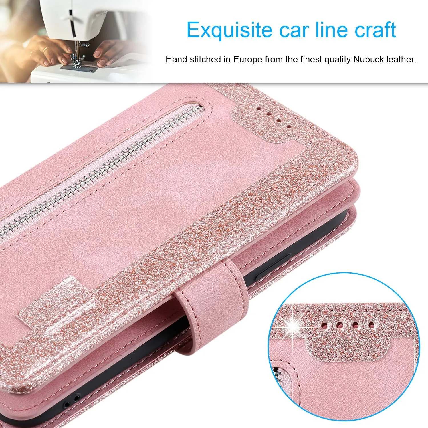 UEEBAI Wallet Case for iPhone SE 2022 5G/iPhone 7/iPhone 8/iPhone SE 2020, Retro 9 Card Slots Zipper Pocket Handbag Case PU Leather Magnetic Cover Wrist Strap Flip Case for iPhone SE3/SE2-Rose Gold