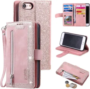 UEEBAI Wallet Case for iPhone SE 2022 5G/iPhone 7/iPhone 8/iPhone SE 2020, Retro 9 Card Slots Zipper Pocket Handbag Case PU Leather Magnetic Cover Wrist Strap Flip Case for iPhone SE3/SE2-Rose Gold