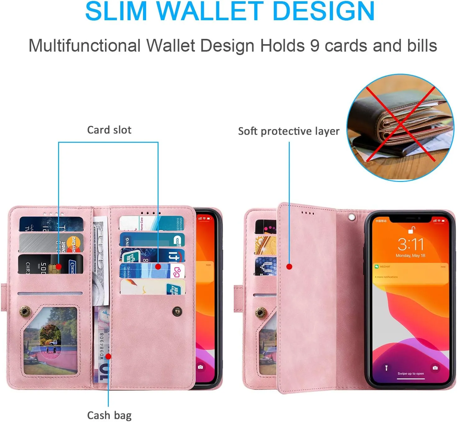 UEEBAI Wallet Case for iPhone SE 2022 5G/iPhone 7/iPhone 8/iPhone SE 2020, Retro 9 Card Slots Zipper Pocket Handbag Case PU Leather Magnetic Cover Wrist Strap Flip Case for iPhone SE3/SE2-Rose Gold