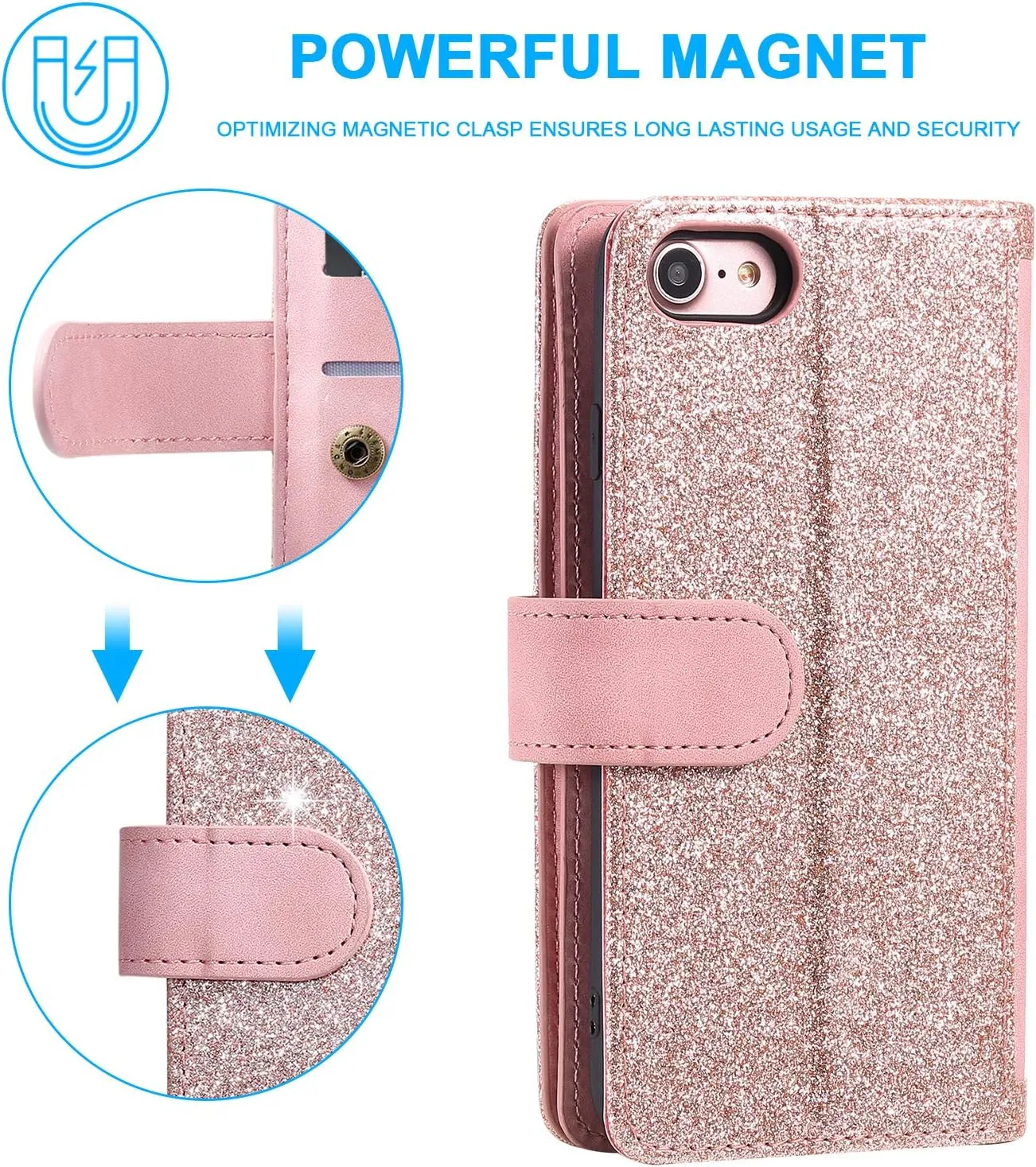 UEEBAI Wallet Case for iPhone SE 2022 5G/iPhone 7/iPhone 8/iPhone SE 2020, Retro 9 Card Slots Zipper Pocket Handbag Case PU Leather Magnetic Cover Wrist Strap Flip Case for iPhone SE3/SE2-Rose Gold