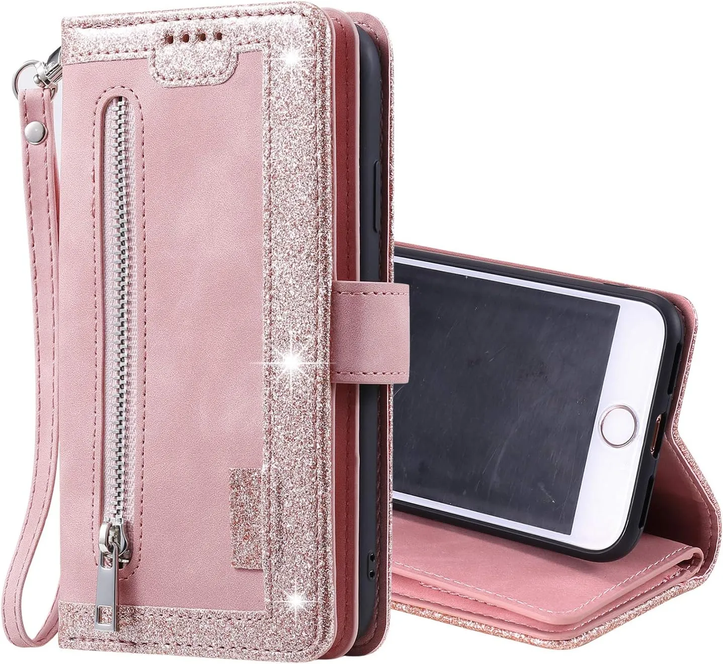 UEEBAI Wallet Case for iPhone SE 2022 5G/iPhone 7/iPhone 8/iPhone SE 2020, Retro 9 Card Slots Zipper Pocket Handbag Case PU Leather Magnetic Cover Wrist Strap Flip Case for iPhone SE3/SE2-Rose Gold