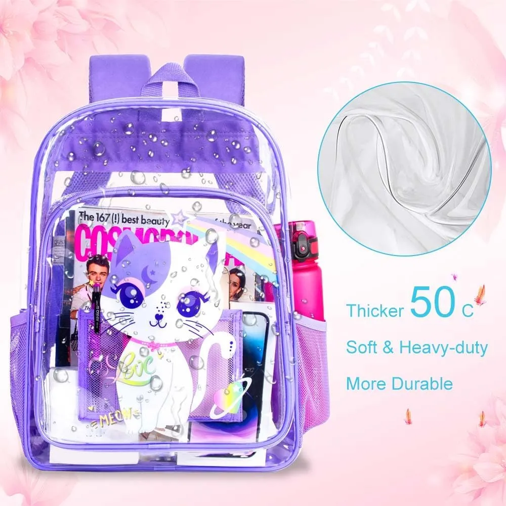 UFNDC 3PCS Clear Backpack for Girls and Boys, Unicorn Cat Transparent Bookbag, See Through School Bag for Kids Elementary