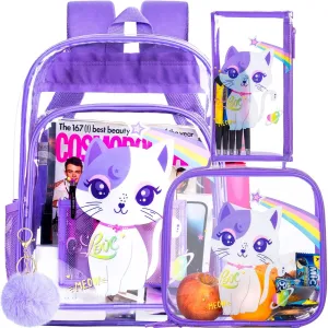 UFNDC 3PCS Clear Backpack for Girls and Boys, Unicorn Cat Transparent Bookbag, See Through School Bag for Kids Elementary