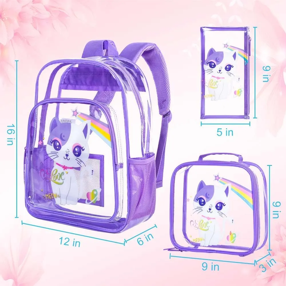 UFNDC 3PCS Clear Backpack for Girls and Boys, Unicorn Cat Transparent Bookbag, See Through School Bag for Kids Elementary