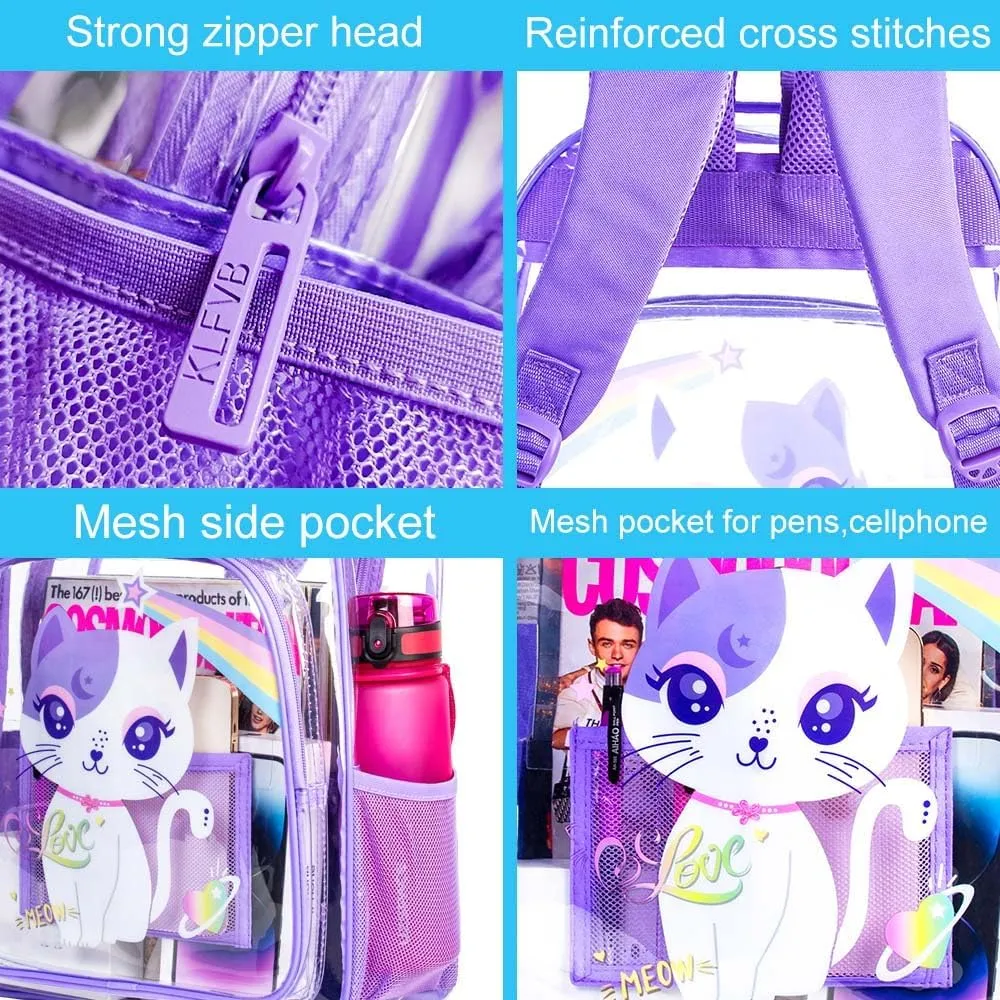 UFNDC 3PCS Clear Backpack for Girls and Boys, Unicorn Cat Transparent Bookbag, See Through School Bag for Kids Elementary