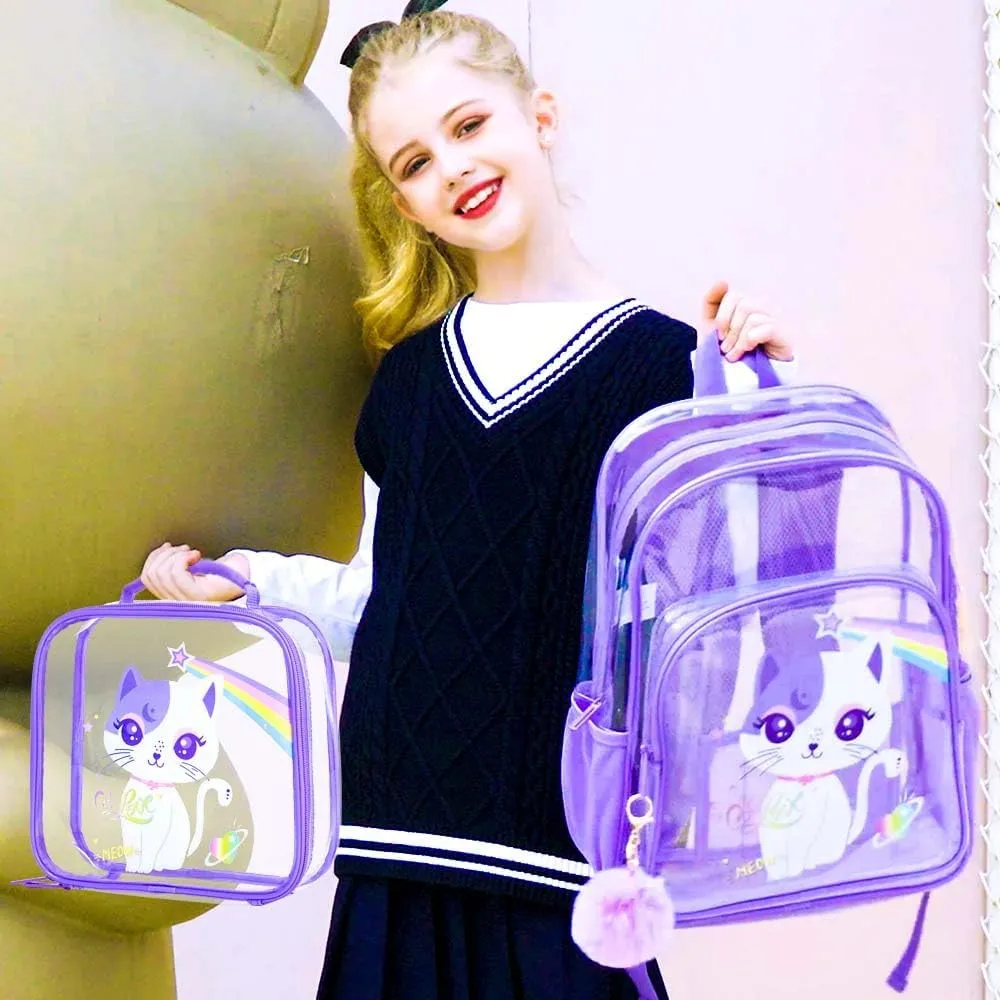 UFNDC 3PCS Clear Backpack for Girls and Boys, Unicorn Cat Transparent Bookbag, See Through School Bag for Kids Elementary