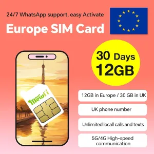 UK SIM Card 30Days 30GB / Europe SIM Card 30Days 12GB, Unlimited Local Calls and SMS, Applicable to 72 Countries, Support 4G/5G Operating Networks, Easy Activation & 24/7 Whatsapp Support