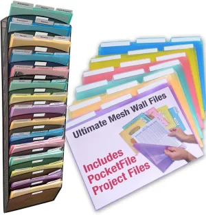 Ultimate Office Mesh Wall File Organizer, 15 Tier Vertical Mount Hanging File Sorter. Multipurpose Display Rack Includes 18, 3rd Cut PocketFile Clear Document Folder Project Pockets (Black)