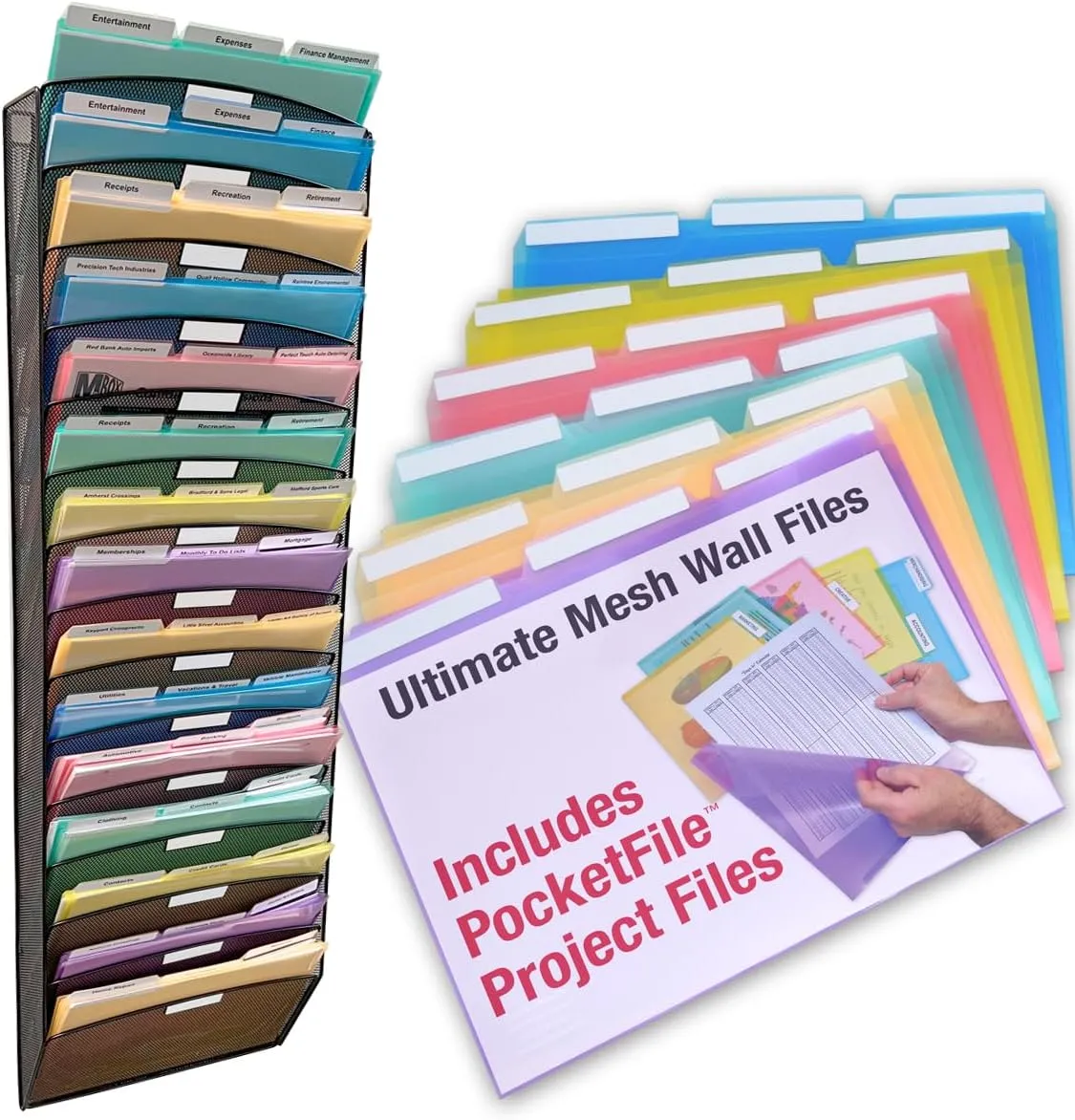 Ultimate Office Mesh Wall File Organizer, 15 Tier Vertical Mount Hanging File Sorter. Multipurpose Display Rack Includes 18, 3rd Cut PocketFile Clear Document Folder Project Pockets (Black)